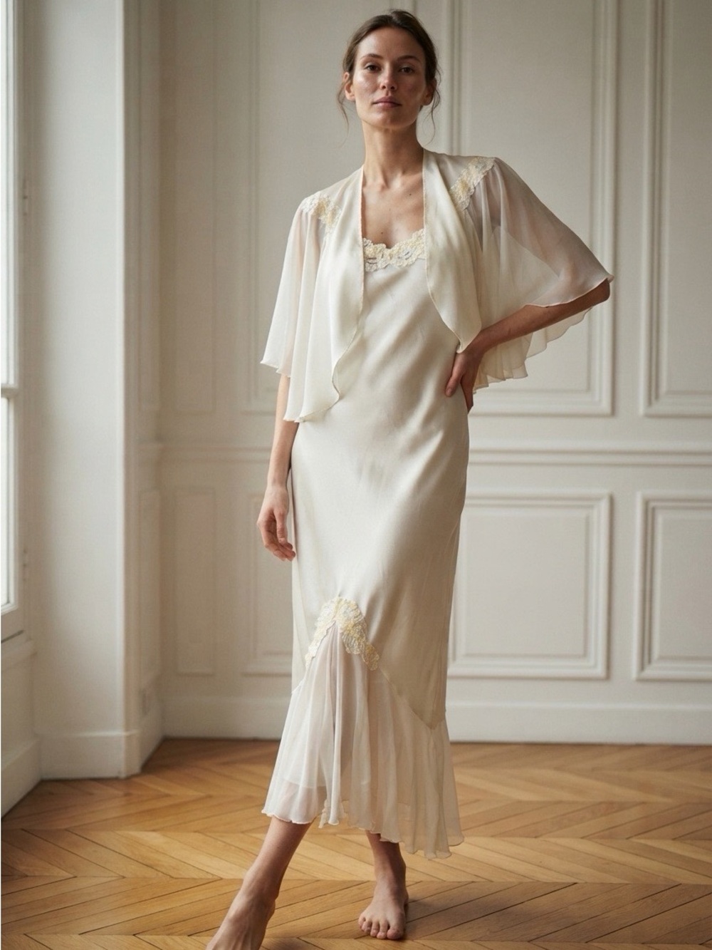 Ivory Satin Two-Piece Bridal Evening Gown with Lace Trim and sheer material